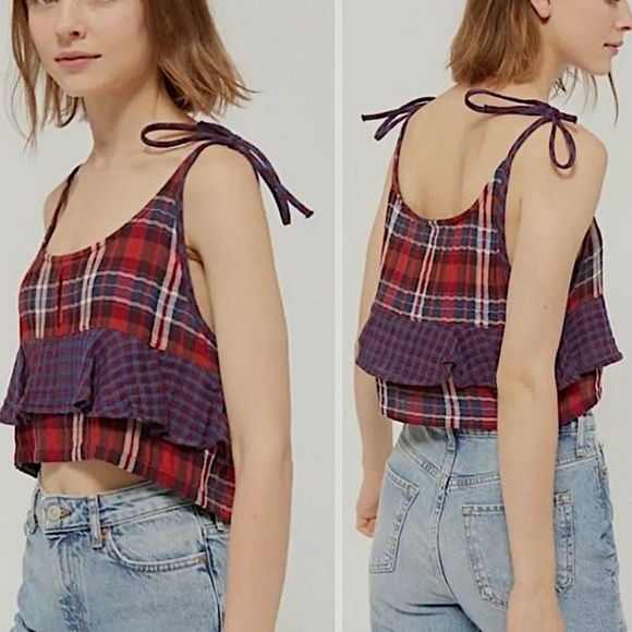 Urban Outfitters Jo Plaid Tie-Shoulder Crop Top Women’s Small 100% Cotton - Picture 1 of 10
